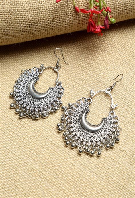 Johar Kamal Oxidised Silver Plated Chandbali Earrings Jker 076 Jhumka