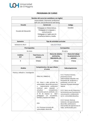 Programa De Curso Pedagog A En Matem Ticas Pedagog A En Lenguaje Y