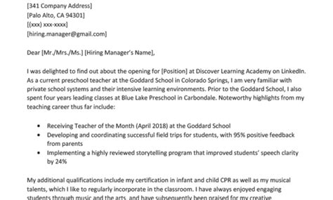 Preschool Teacher Cover Letter Example Writing Tips Resume Genius With