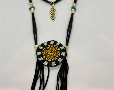 Beaded Medallion Necklace Native American Buffalo Bone Buffalo Horn