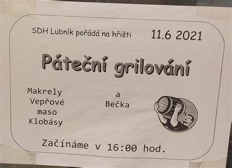 Obec Lubník Aktuality Pozvánka na páteční grilování 11 06 2021