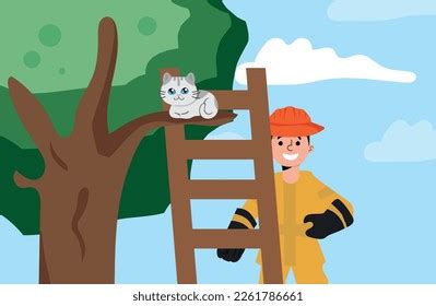 Fireman Rescuing Cat Tree Stock Vector Royalty Free