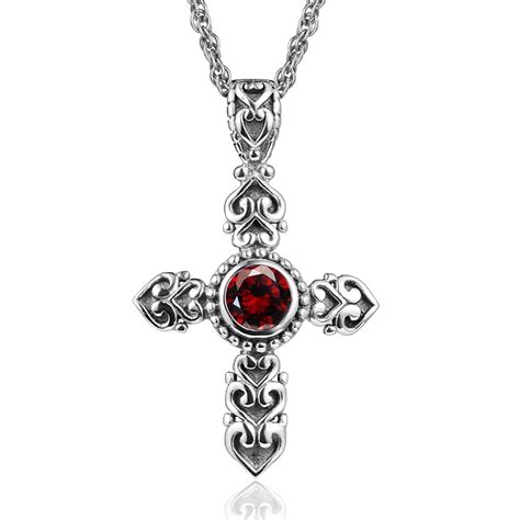 Szjinao Red Garnet Gemstone Cross Necklace Pendant For Women 100 925