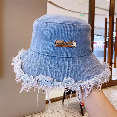 Summer Unisex Tassel Washed Denim Bucket Hats Fashion For Women Wide