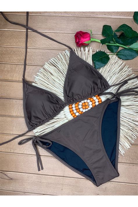 XORVİO Kadın Likralı Esnek Yandan Ve Boyundan Bağlamalı Şık Ipli Üçgen Kahverengi Bikini Takım