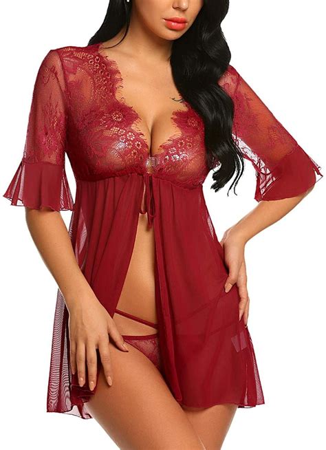 Women Kimono Robe Floral Lace Babydoll Lingerie Sheer Mesh Wedding