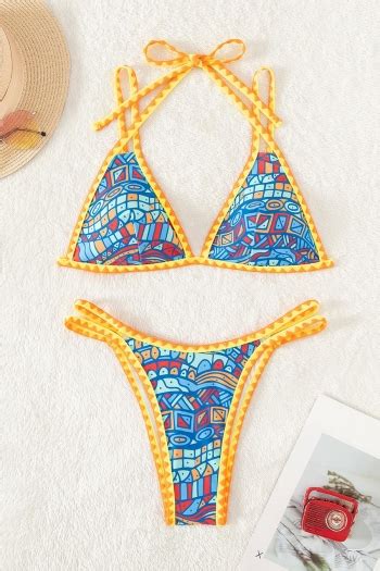 Wholesale Sexy Geometric Graphic Printing Padded Halter Neck Tied Triangle Bikini Set BA