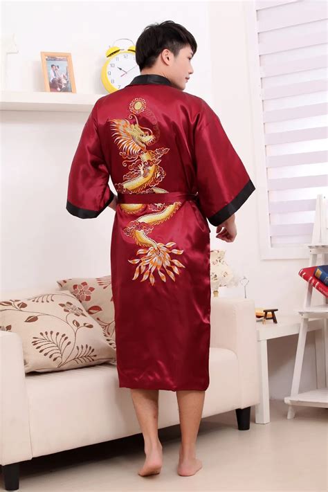 New Double Side Embroidery Dragon Male Long Robe Chinese Men Silk Satin