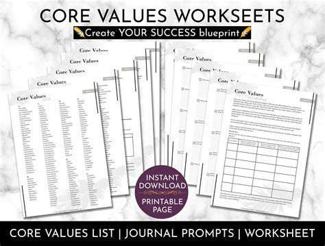 Printable Personal Core Value Worksheets Self Discovery Journal Prompt Success Guide