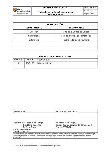 Protocolo De Inicio Del Tratamiento Anticoagulante MARTA UDocz