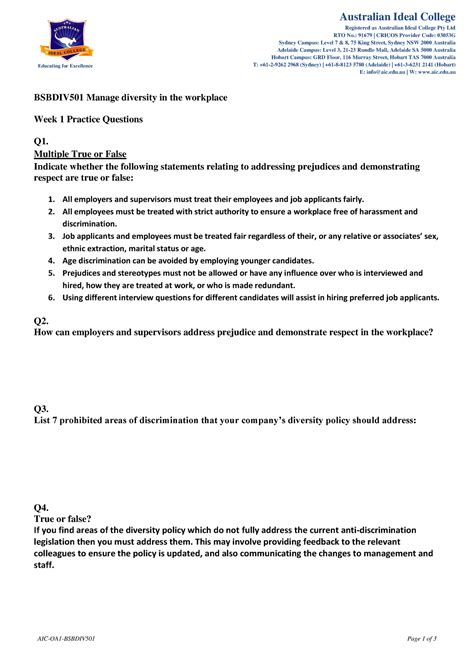 Bsbdiv 501 Week 1 Practice Question Educating For Excellence Aic Oa1 Bsbdiv501 Page 1 Of 3