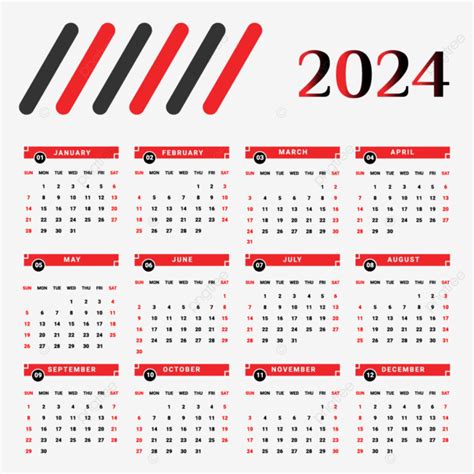 تقويم عام 2024 بشكل فريد باللونين الأسود والأحمر المتجه, تقويم, تقويم ...