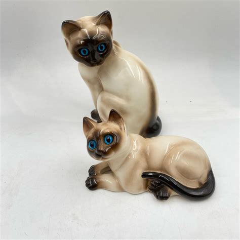 Vintage Josef Original Enesco Siamese Cat Porcelain Figurines Blue