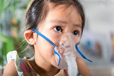 Kid Girl Making Makes Inhalation Nebulizer Steam Sick Cough At Home