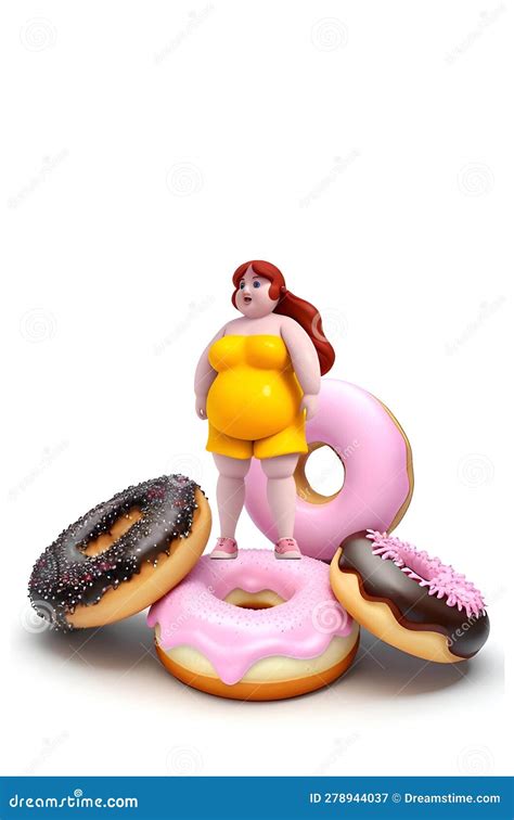 Overweight And Sweets Concept Harm Of Sweets And Pastries Amazed Bbw Figurine On Donuts