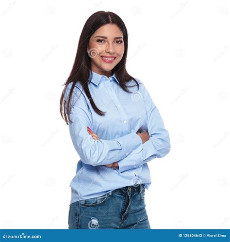 Portrait Of Smiling Brunette Woman Standing With Arms Crossed Stock Image Image Of Female