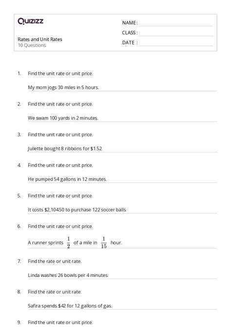 Unit Rates Worksheets For Th Grade On Quizizz Free Printable