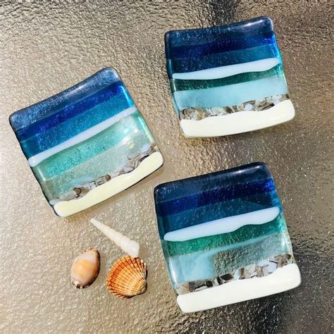 Fused Glass Beach Plate Turquoise Blue Sea Glass Jewelry Keeper Sand Beach Tea Bag Holder