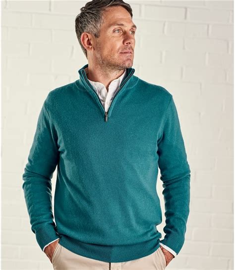 Persian Teal Mens Cashmere Merino Zip Neck Jumper Woolovers Au