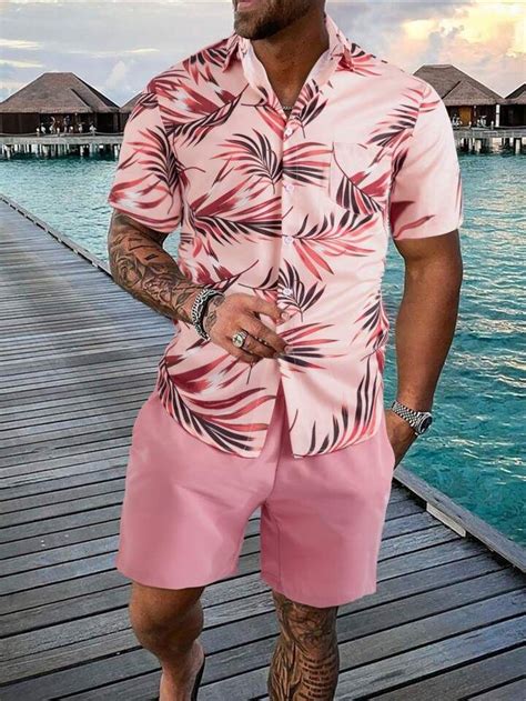 Manfinity Rsrt Men Tropical Print Shirt Drawstring Waist Shorts Set