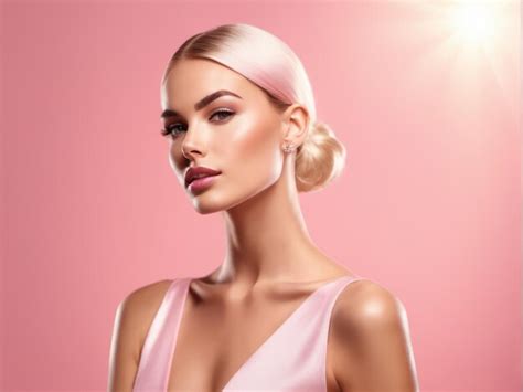 Premium AI Image Cute Blonde Girl Doll Style In Fashion Pink Dress Studio Pink Pastel Background