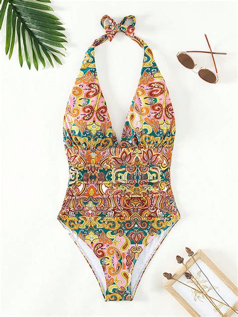 Allover Print Plunging Neck Halter One Piece Swimsuit | SHEIN USA
