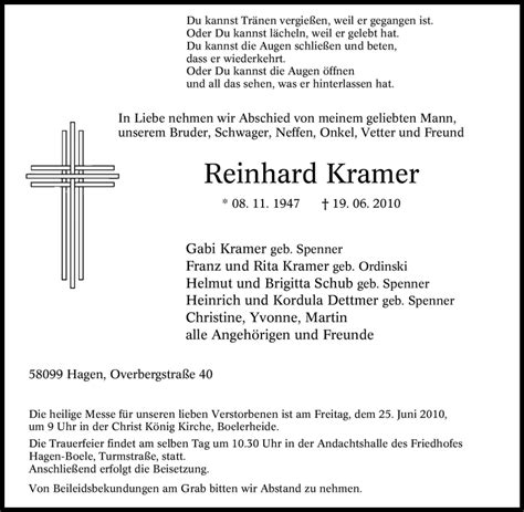 Traueranzeigen Von Reinhard Kramer Trauer In NRW De