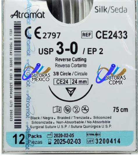 Seda 3 0 Aguja Cortante De 24 Mm Hebra 75 Marca Atramat CE2433 Linea