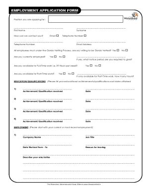 Fillable Online Employment Application Form The Watershed Fax Email