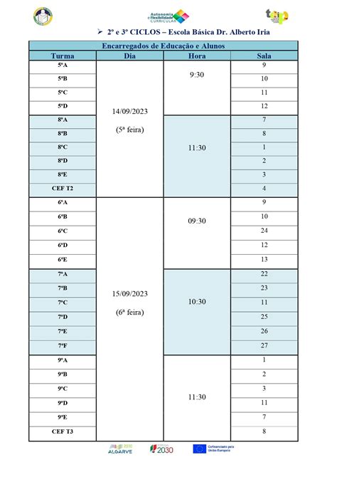 Calendário de receção dos alunos e encarregados de educação do