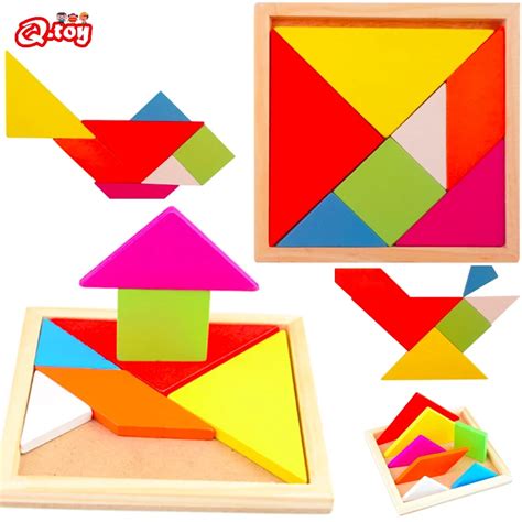 Wooden Tangram Puzzle Piece Jigsaw Puzzle Colorful Square Iq Game