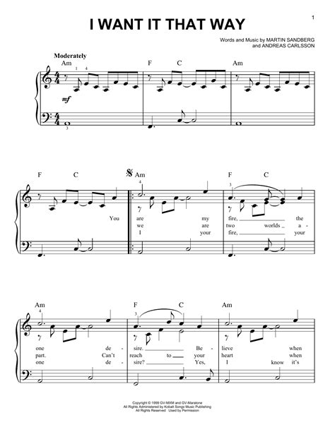 I Want It That Way By Backstreet Boys Sheet Music For Easy Piano At Sheet Music Direct