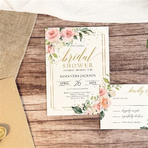 Boho Blush Pink Floral Gold Frame Bridal Shower Invitation Zazzle