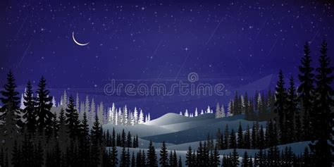 Winter In Starry Night With Crescent Moon Shining Stars And Comet