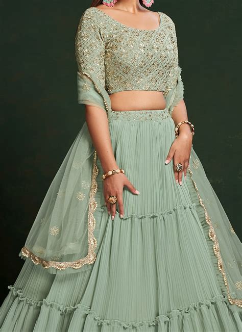 Buy Green Faux Georgette Beads Embroidered Umbrella Lehenga Party Wear