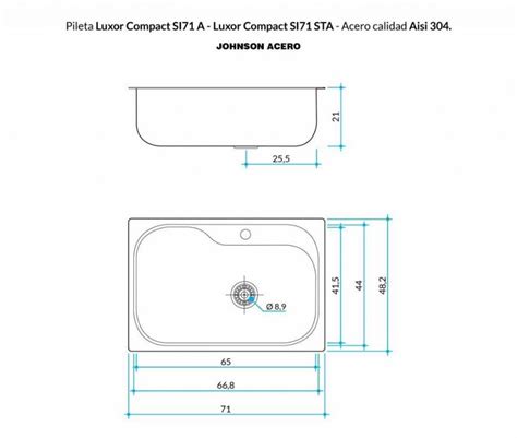 JOHNSON LUXOR SI71 STA PILETA SIMPLE 71 X 48 2 X 21 AC SATIN 304