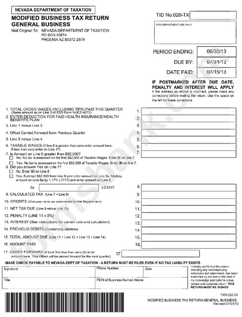 Modified Business Tax Return Form Nevada Department Of Taxation