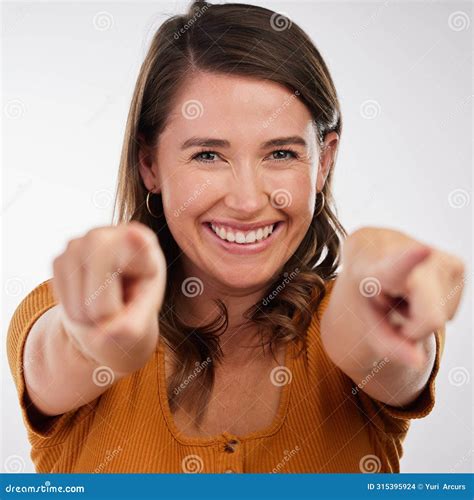 Happy Woman, Portrait and Hand Pointing at You in Studio for Support