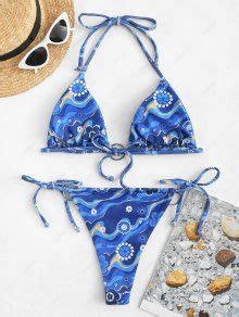 Zaful Ribbed Floral Swirl Print O Ring String Bikini Swimwear In Blue