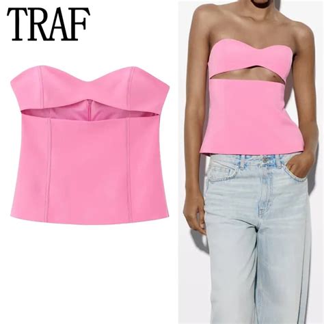 Traf Top De Cors Recortado Rosa Para Mujer Tops Cortos Con Hombros