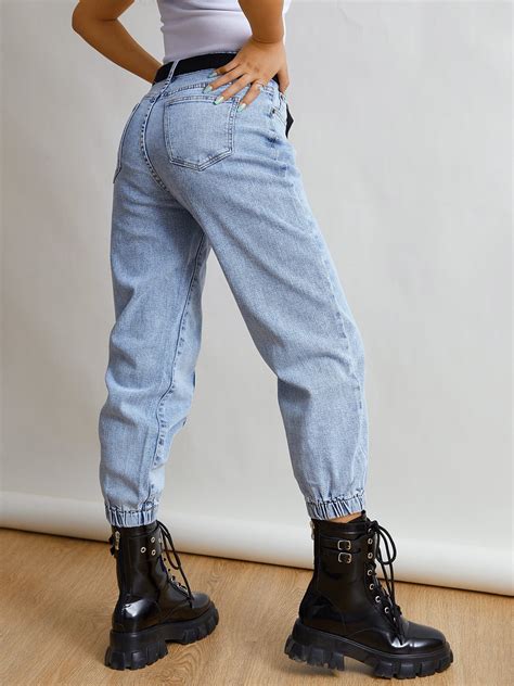 Emmiol Free Shipping Splice Belted Cargo Jeans Blue S In Cargo