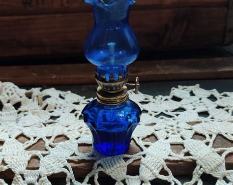 Vintage Mini Cobalt Blue Glass Oil Lamp Hurricane Lamps Functional Lantern Homesteading China