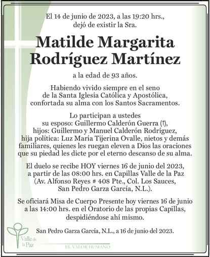 Se Ora Matilde Margarita Rodr Guez Mart Nez Obituario Esquela