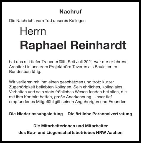 Traueranzeigen Von Raphael Reinhardt Aachen Gedenkt