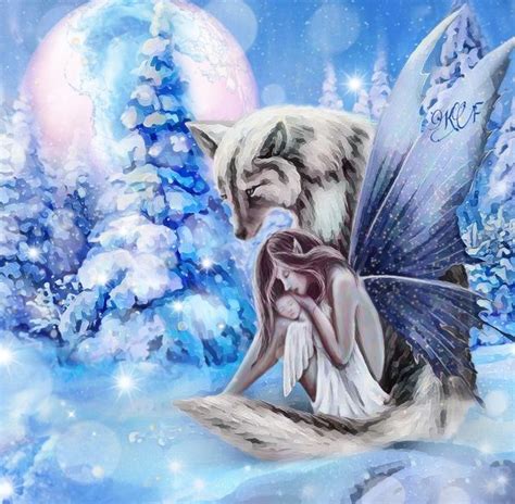 A Painting Of A Wolf With Wings Sitting On The Ground In Front Of Snow Covered Trees