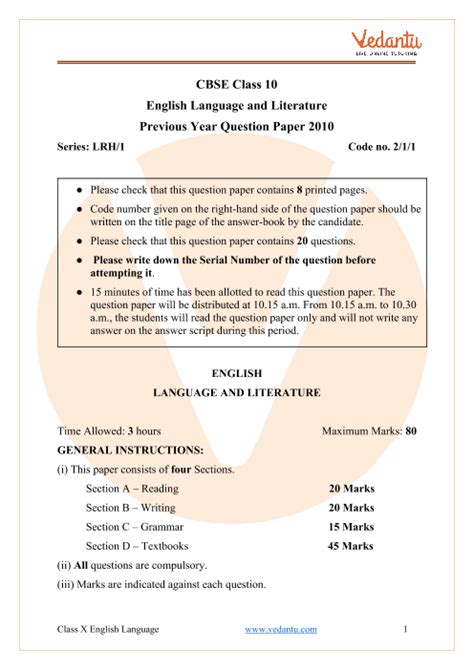 Previous Year English Language And Literature Question Paper For Cbse Class 10 2010