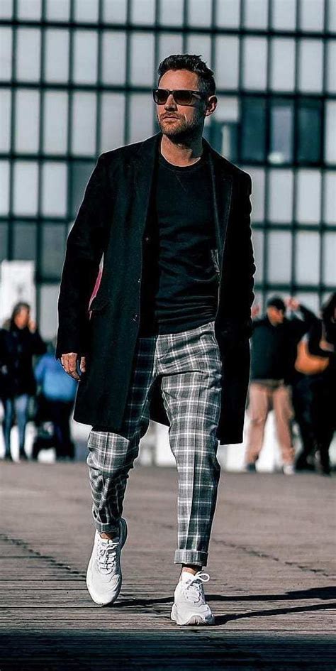 Grey Plaid Pant And Black Overcoat Outfit For Men Mens Plaid Pants Pants Outfit Men Black