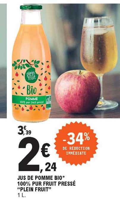 Promo Jus De Pomme Bio 100 Pur Fruit Pressé plein Fruit chez E Leclerc