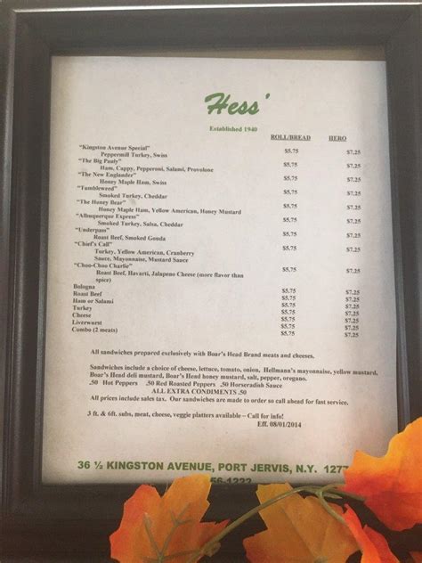 Menu at Hess' restaurant, Port Jervis