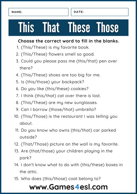 This That These Those Worksheets Printable Demonstrative Pronoun